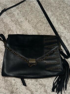 All Saints Black Studded Envelope Crossbody with Chain & Tassel